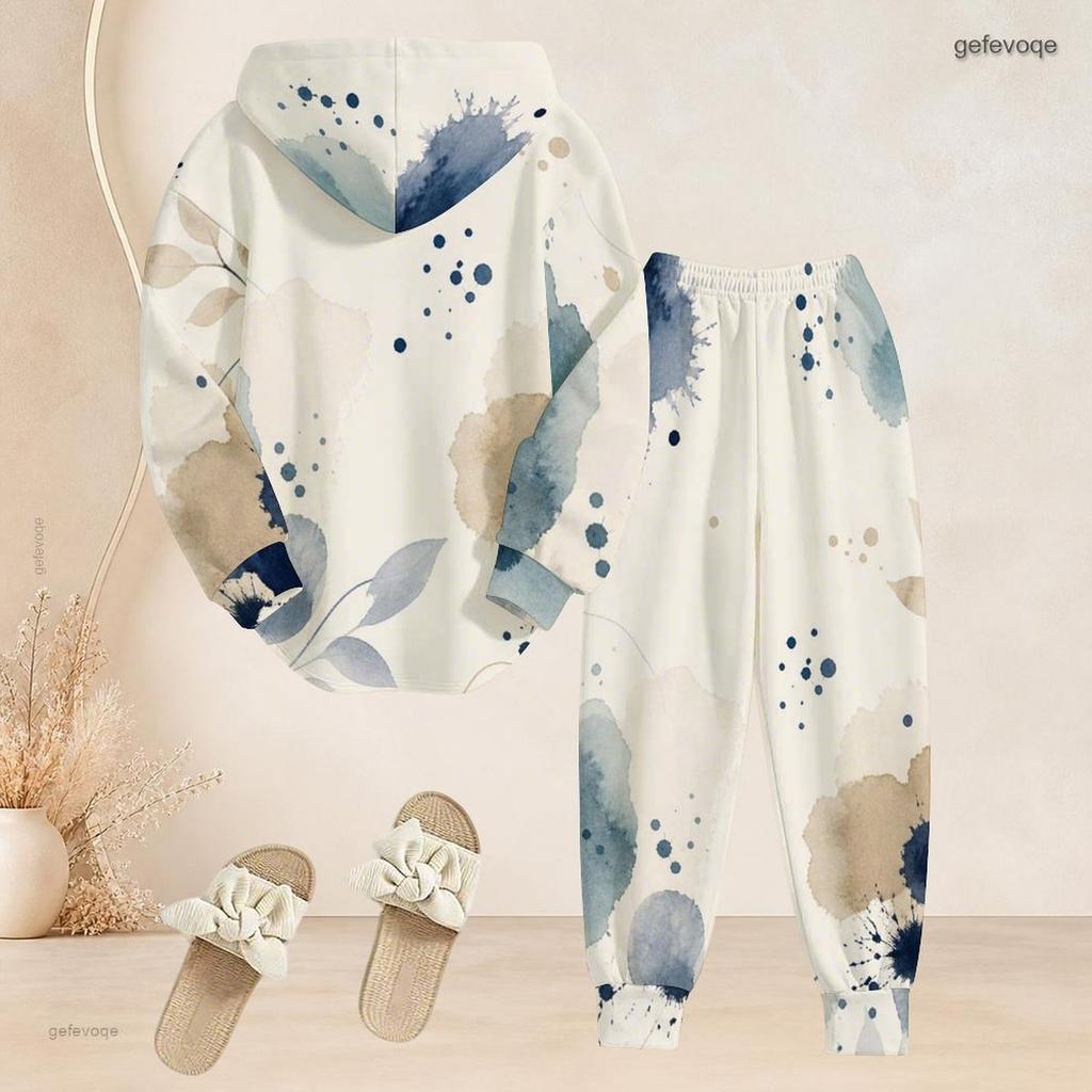 Women Plus Size Two Piece Set Abstract Leaf Printed Hooded Long Sleeve Top Cuffed Pants