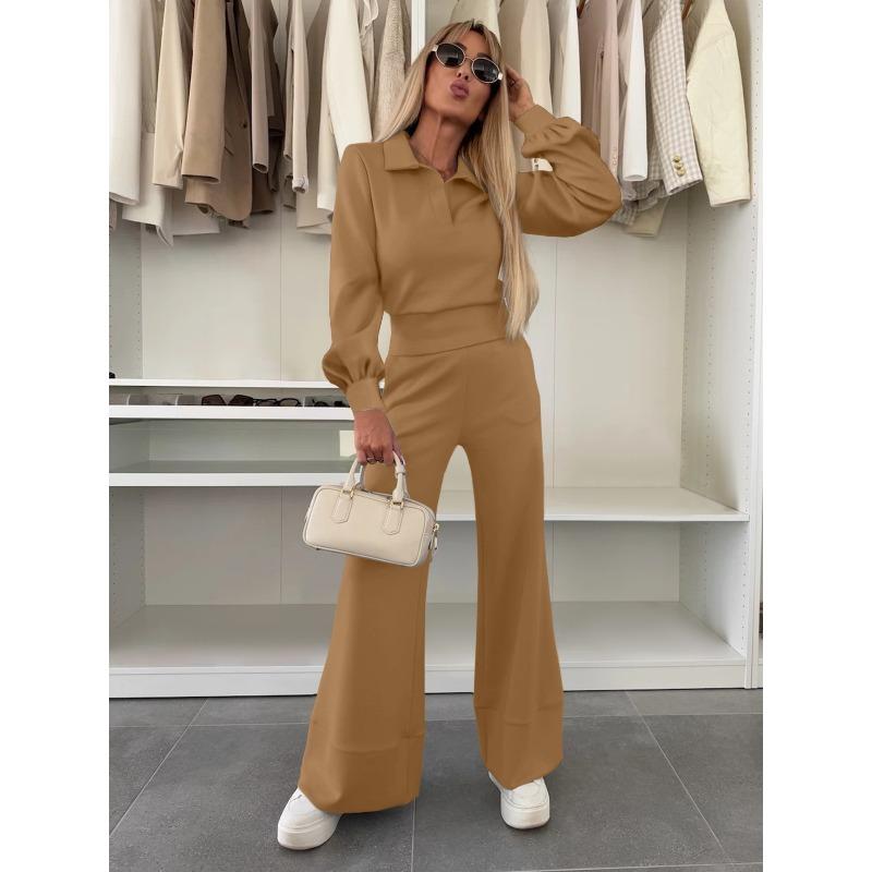 women's Solid Color Collared Long Sleeve Blouse High Waist Wide Leg Flare Pants 2 Piece Casual Tracksuit Set