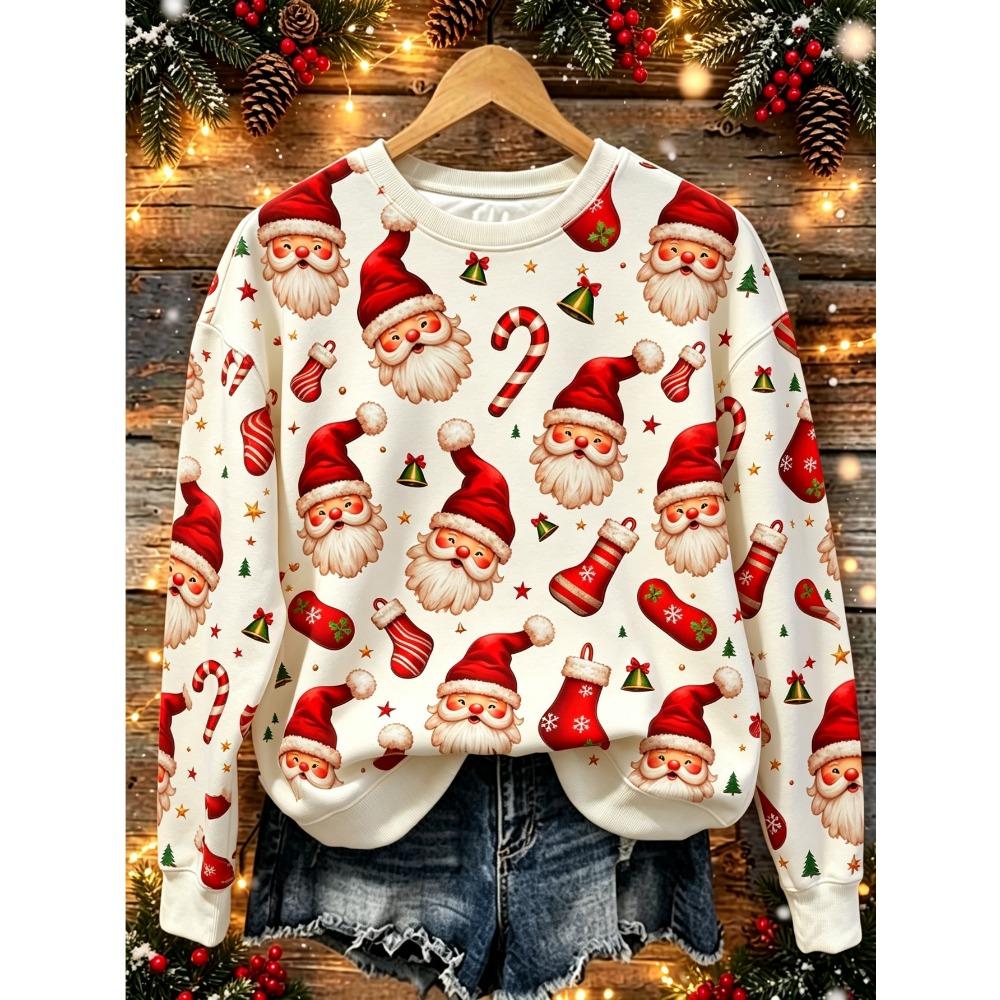 Women Long Sleeve T-shirt Round Neck Santa Reindeer Snowman