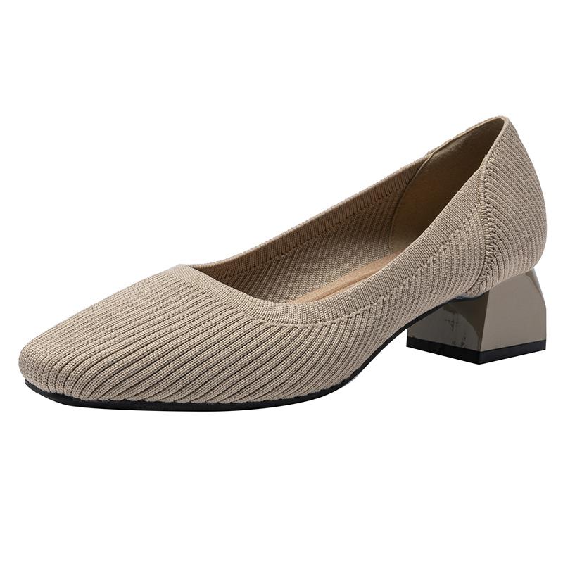 Women’s Breathable Knit Square Toe Chunky Heel Casual Shoes - 4cm Medium Heel, Plus Size, Soft Sole, Summer Style.