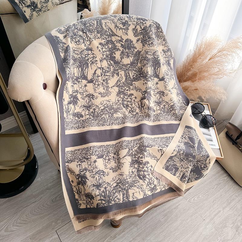 Tropical Jungle Wind Contrasting Colors Double-Sided Imitation Cashmere Scarf Winter High-End Warm Shawl