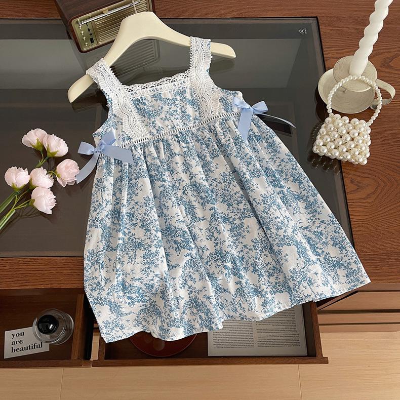 Girls Summer Blue Porcelain Floral Backless Dress Baby Bow Sleeveless Princess Sundress Cute Toddler Party Outfit 90cm