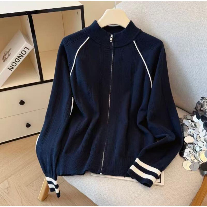 

College style stand-up collar contrasting color long-sleeved knitted sweater women s autumn new design sense thin zipper sweet and spicy coat average size [recommended 80-60kg] королевский синий