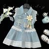 Summer Girls Denim Dress With Lace Splice Stylish Princess Dress Kids Fashion Short Sleeve Dress