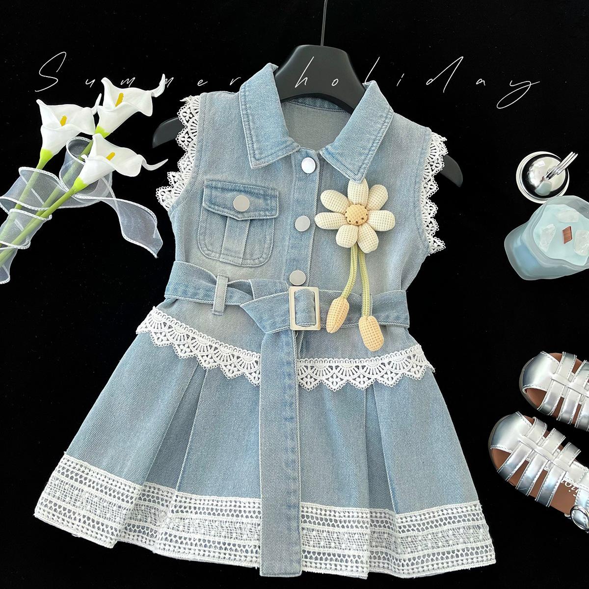 Summer Girls Denim Dress With Lace Splice Stylish Princess Dress Kids Fashion Short Sleeve Dress 80cm