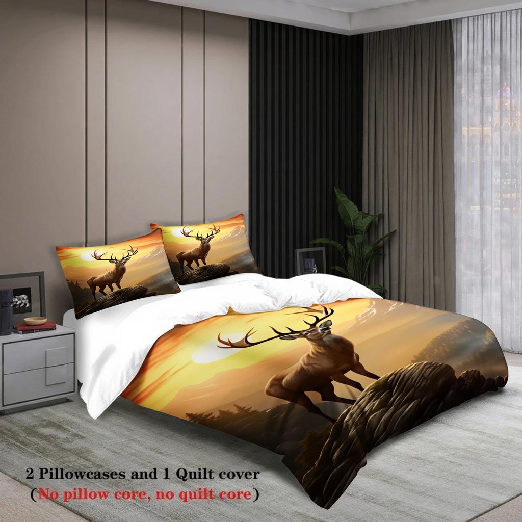 Sunset And Mountain Printed Duvet Cover 100% Polyester Made Warm Gradient Color Deer 3PCS Bedding Sets Comforter Not Included