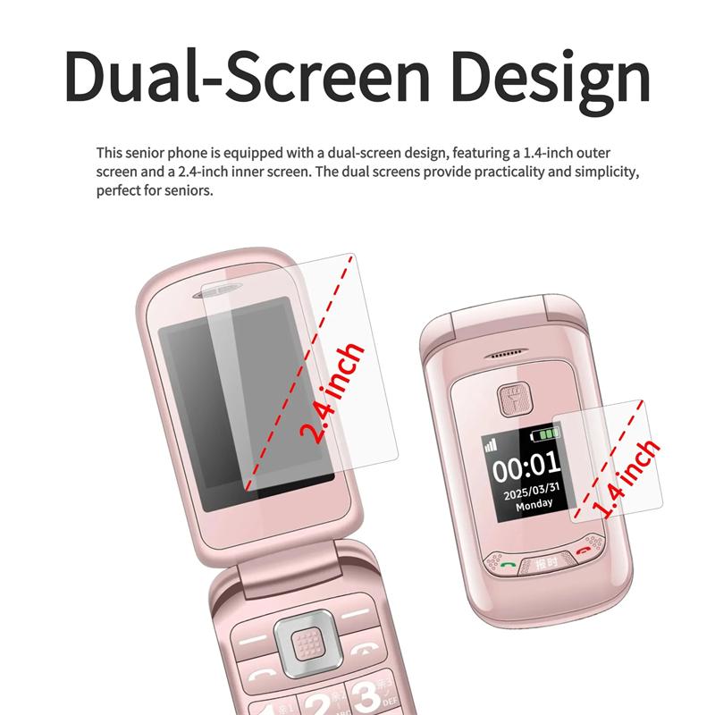 Dual Screen Small Senior Flip Phone Spped Dial Big Button Dual Screen Loud Speaker Two Sim Cards Clamshell Mobile SOS Dial Torch Button Phone