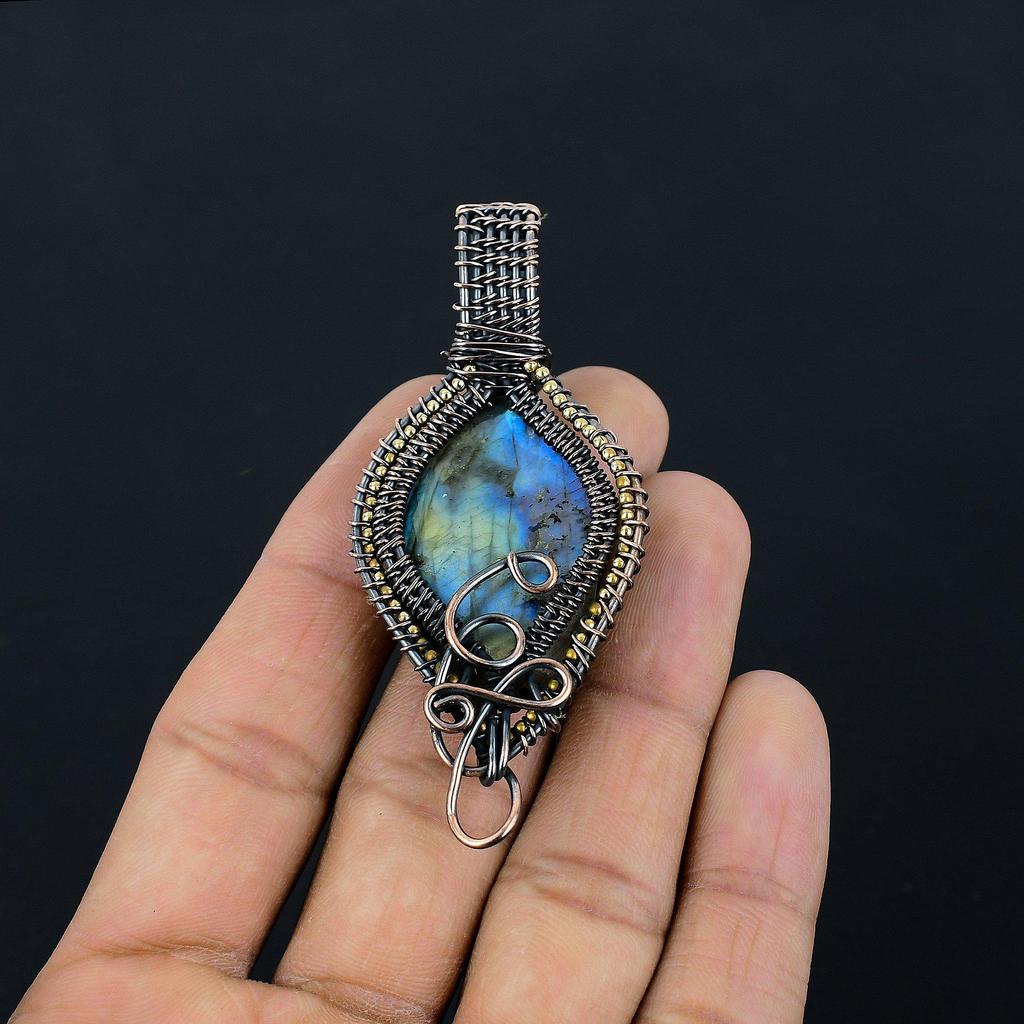 Labradorite Pendant, Handmade Gemstone 999 Copper Wire Wrapped Pendant Antique Jewelry, For Gift Silver Jewelry