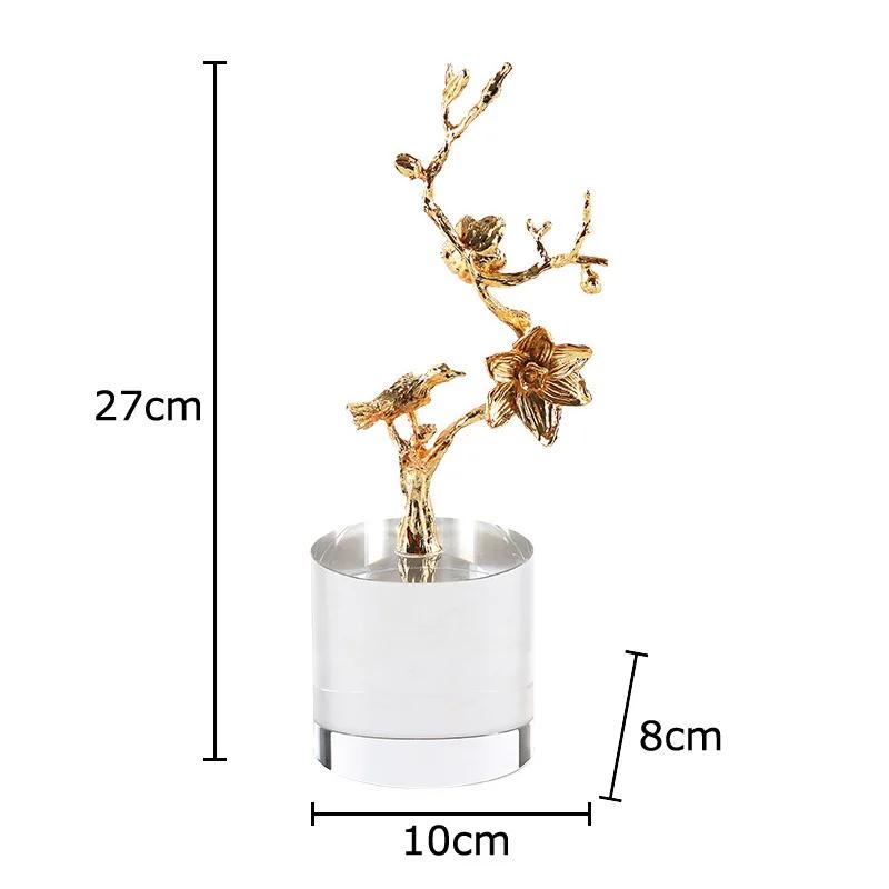 Golden Branches and Birds Ornaments Crystal Base Desk Decoration Crafts Gold-plated Flower and Bird Statue Room Aesthetic Decor