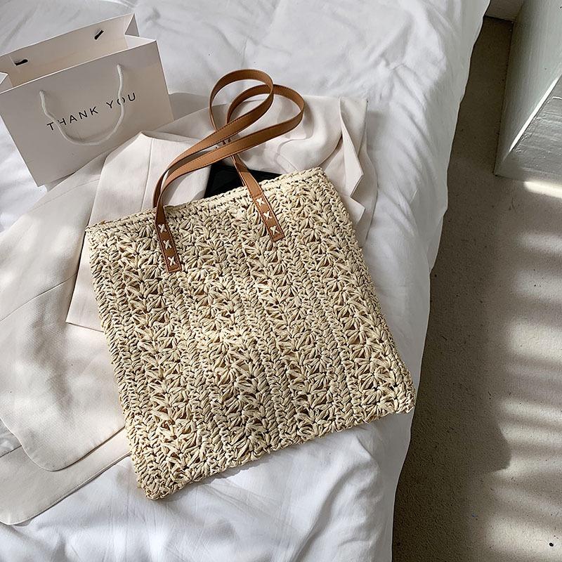 Square Hollow Straw Beach Bag Handmade Woven Shoulder Bag Rattan Shopping Travel Bag Bohemian Summer Vacation Casual Tote