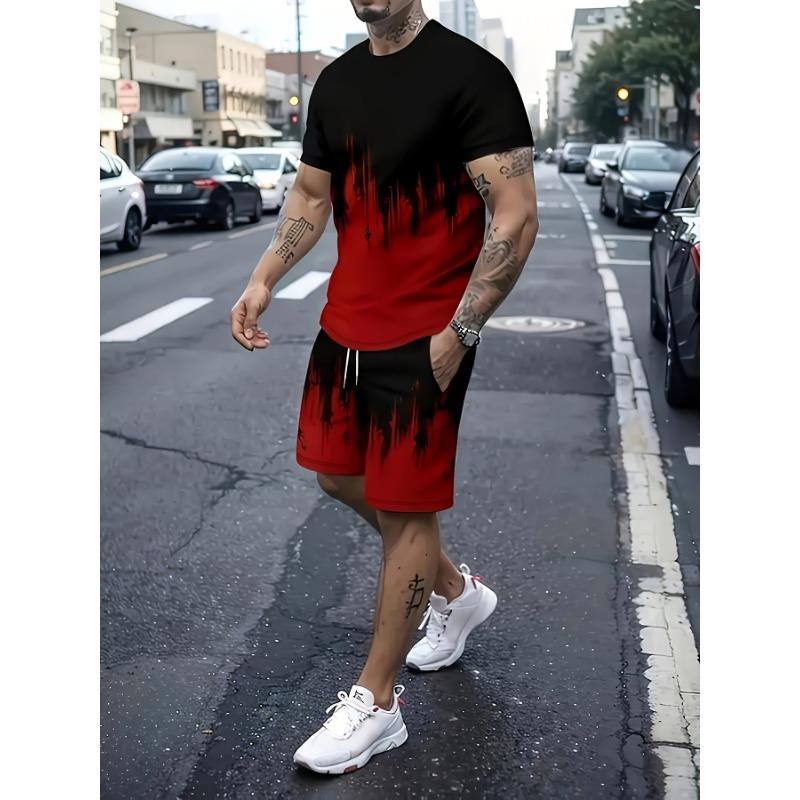 3D printed, 2-piece men's clothing set, casual crew neck short sleeve T-shirt and drawstring shorts set, perfect for summer