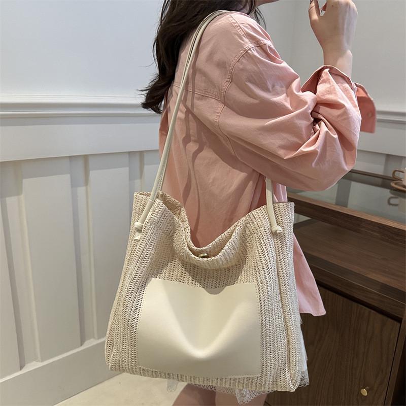 Vintage Woven Tote Bag With Pu Material And Large Capacity For Beach And Casual Outings