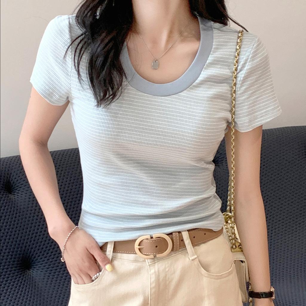 Handsome commuting style versatile T-shirt for women: slim fit round neck striped short sleeved base top