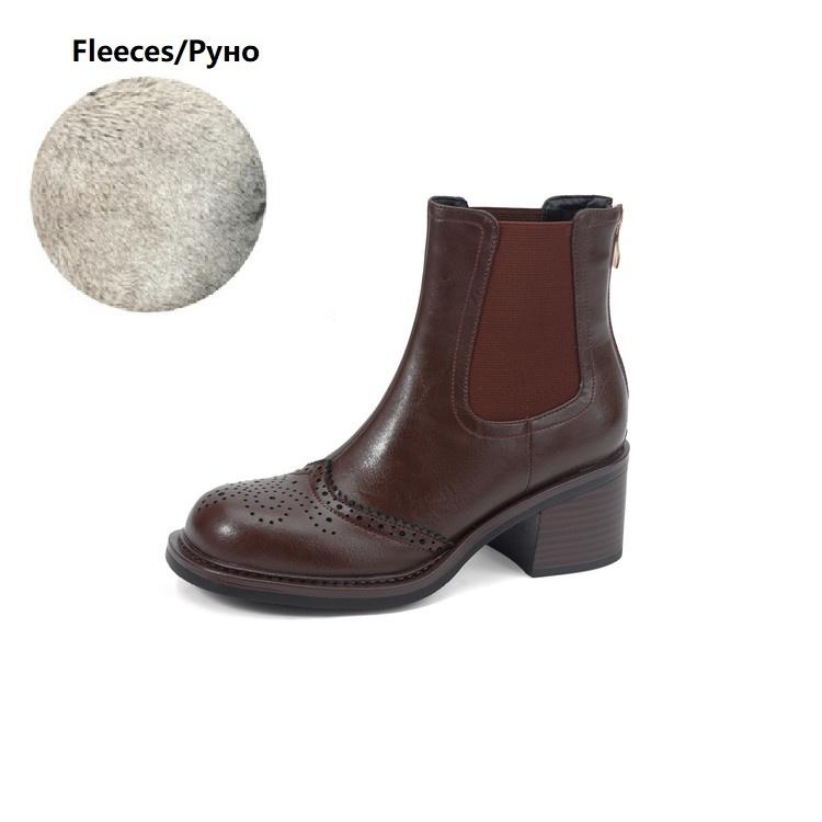 

Fashion NEW Autumn Women Boots Split Leather Shoes for Women Round Toe Chunky Heel Shoes Carving Brogues Zip Daily Shoes Short Boots 34