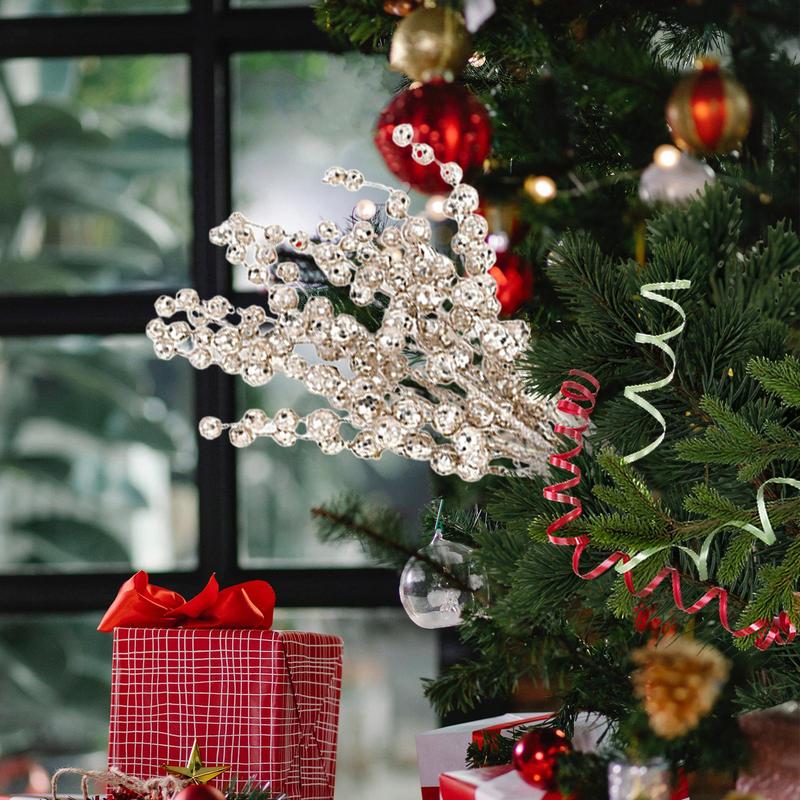 Christmas Tree Stems Christmas Glitter Berries Stems 15.75in Fake Glitter Berry Stem Ornaments Home Decor For Christmas Tree