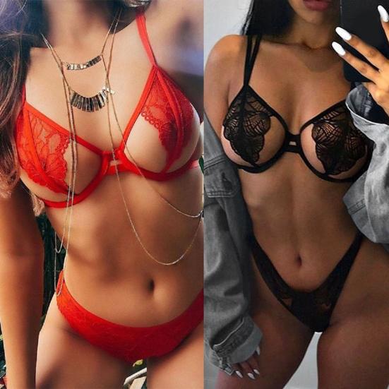 Sexy Women Cutout Bra Panties Solid Color See-through Thin Lace Underwear Set