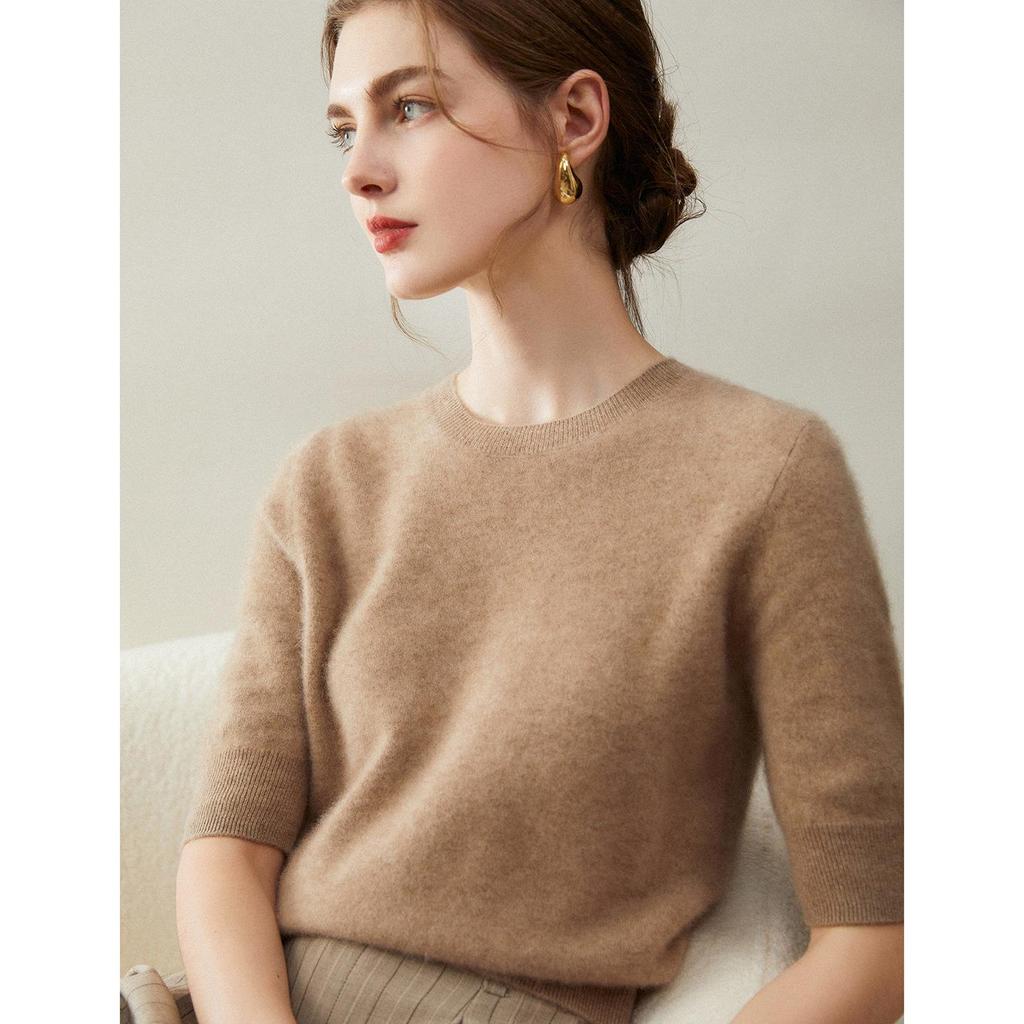 2026 Autumn/Winter Women's Pure Cashmere Short Sleeve Round Neck Loose Knit Sweater