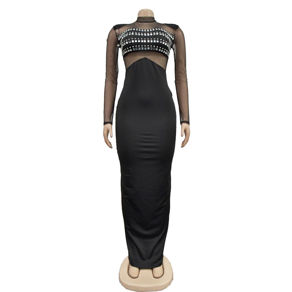 Mote Damekjole Ensfarget Mesh Drill Langermet Lange Kjoler