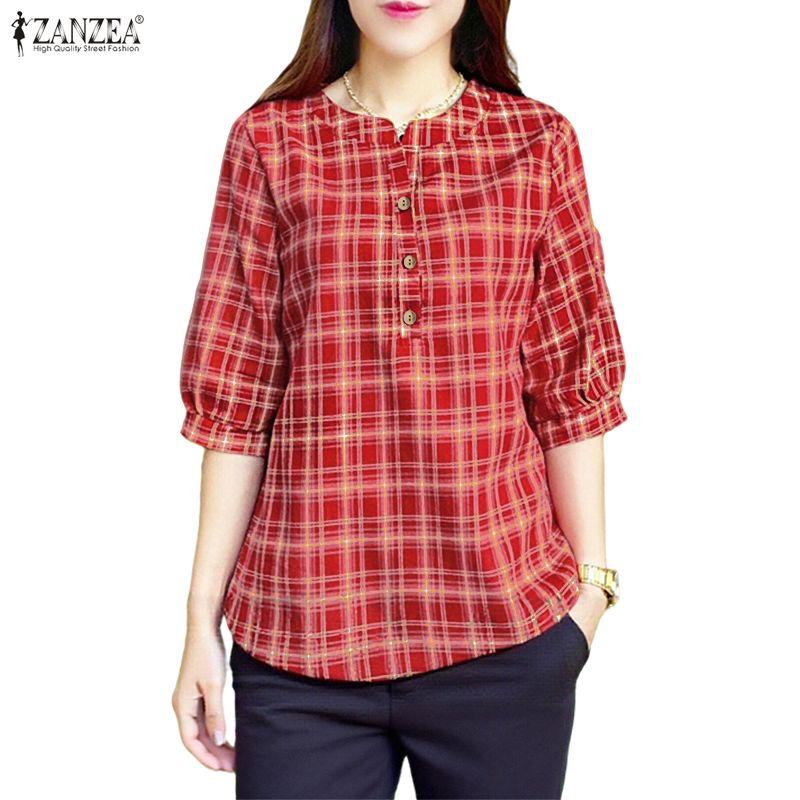 ZANZEA Women Casual Round Neck 3/4 Sleeve Loose Grid Print Blouse