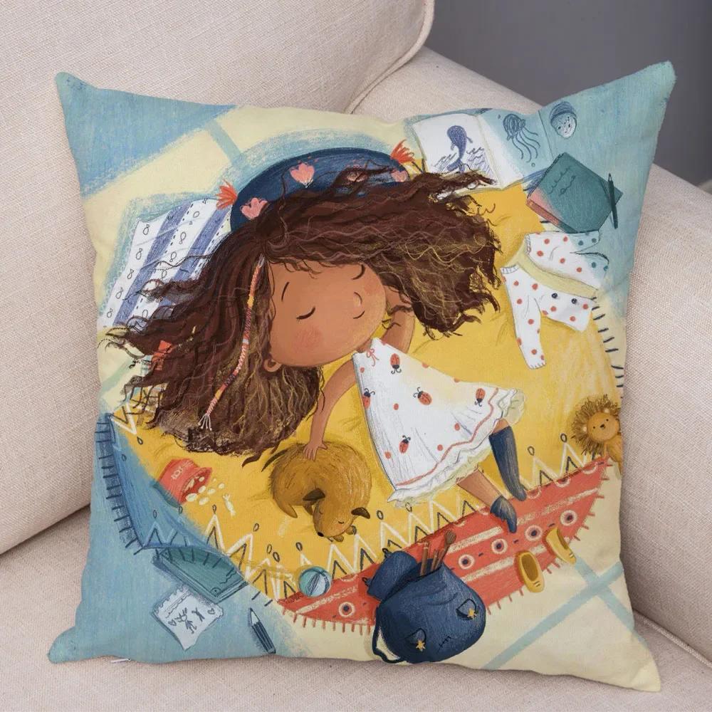 Față de pernă decorativă Artă Lume de basm colorată, Minunată față de pernă cu fetiță de desene animate, pentru canapea, casă, față de pernă super moale de pluș