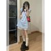 Super fire college style sub-patchwork dress women's summer dress casual small fly sleeve blue lace A-line skirt