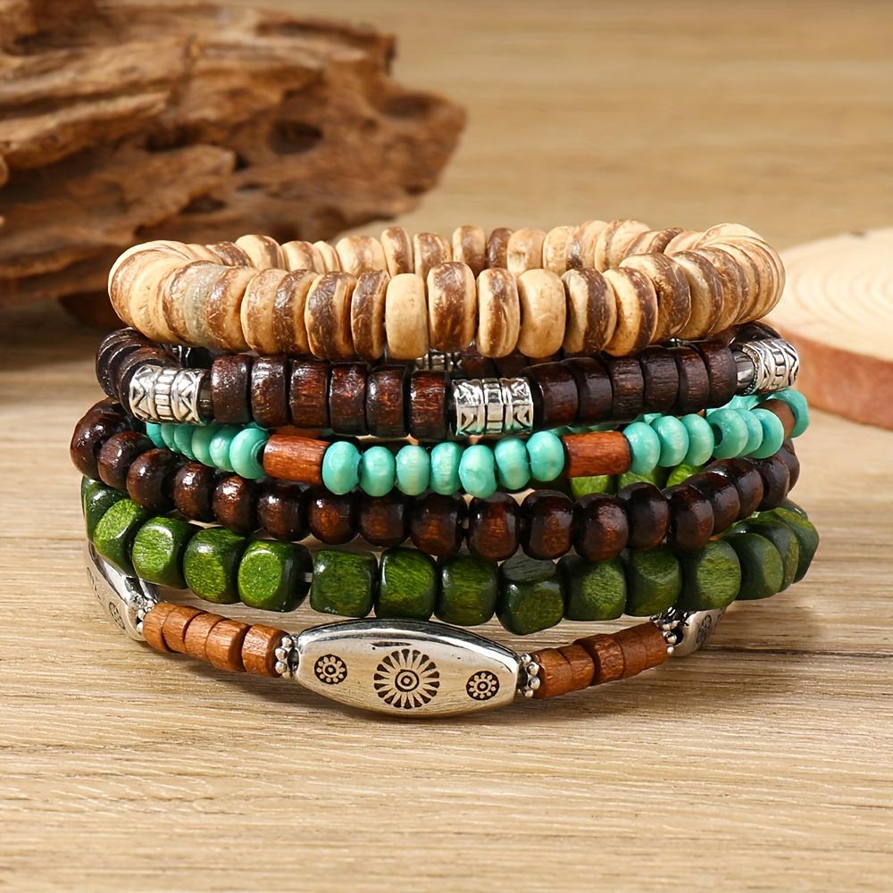 

6pcs Minimalist Boho Coconut Wood Bead Bracelets, Elastic Stretch Cord - Men s Casual Gift