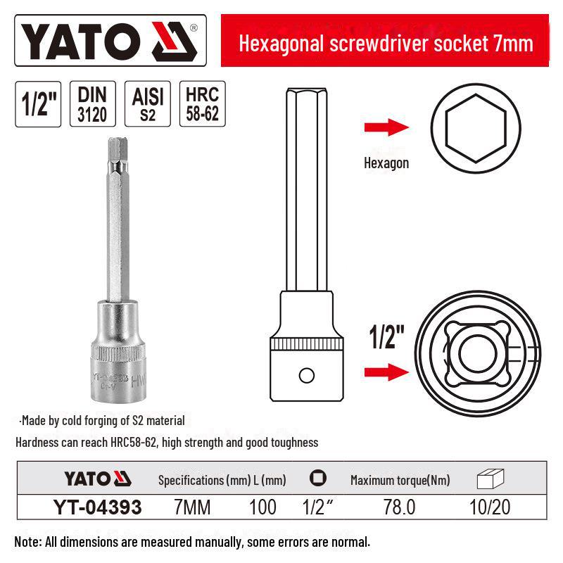 YATO 1/2" Hex Screwdriver Socket Set, S2 Batch Head, Chrome Vanadium Steel