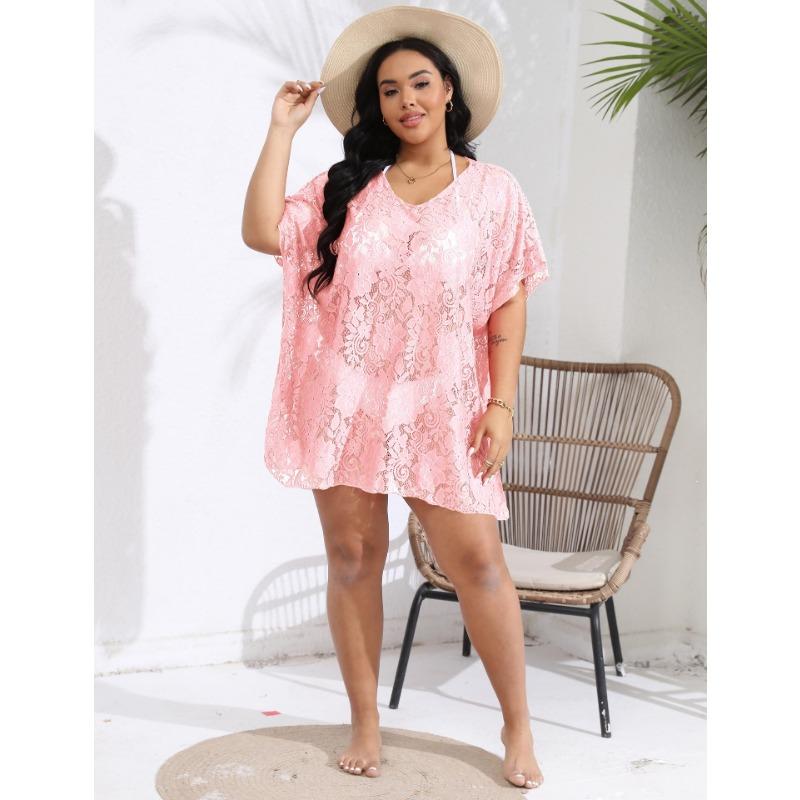 Plus Size Women's Sexy Lace Hollow Out See Through V-Neck Split Beach Dress Cover-ups