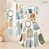 Women Plus Size Abstract Printed Two Piece Set Square Neck Short Sleeve Tie Waist Flared Dress And Long Sleeve Cardigan