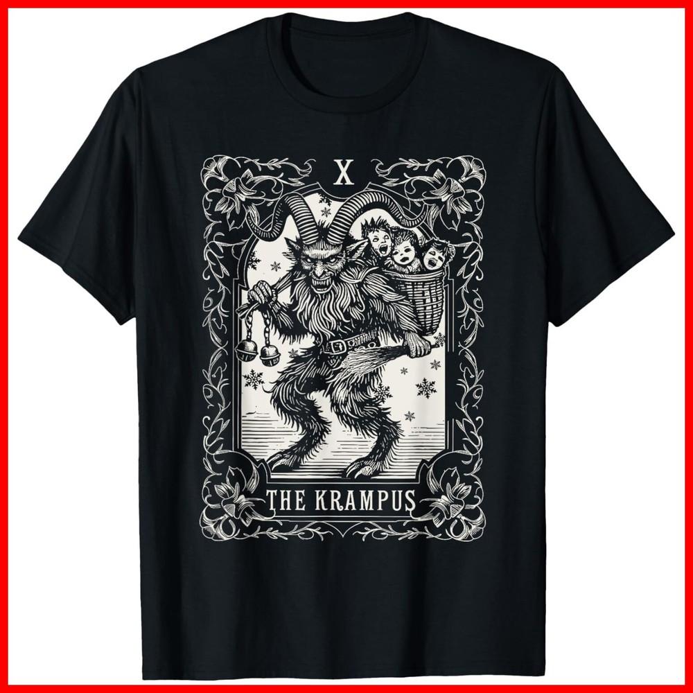 Krampus Tarot Card Design Christmas Season Evil Xmas Black Cotton T-Shirt Unisex T-Shirt L