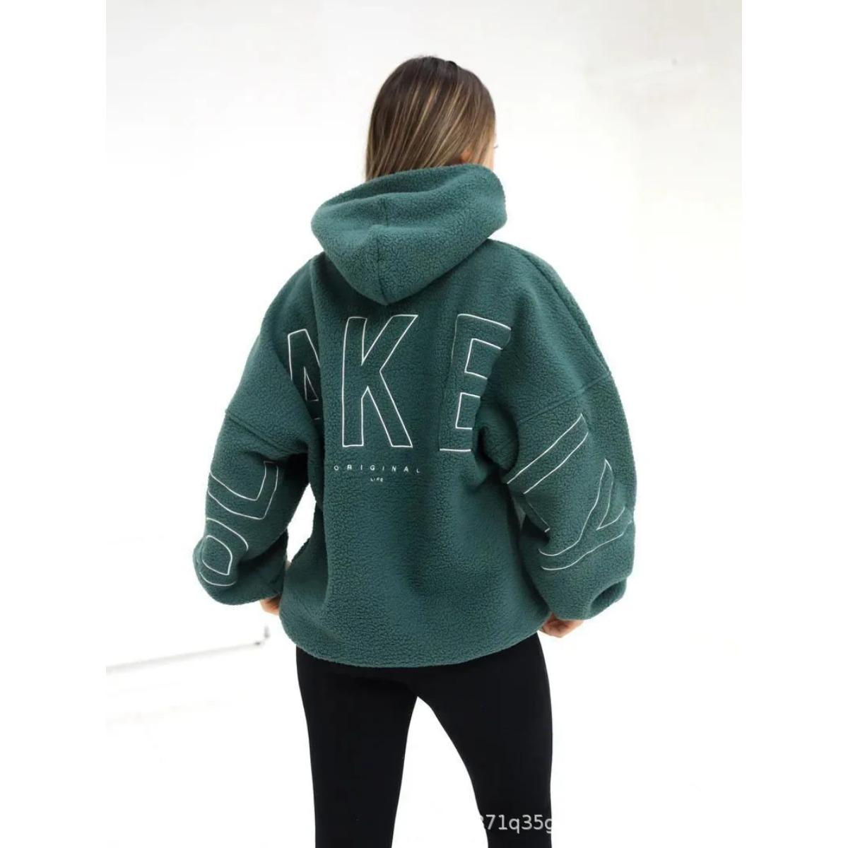 Осень Зима Уличный Стиль Удобный Повседневный Модный Свитшот с Длинным Рукавом Худи из Овечьего Вельвета Женский Свободный Оверсайз XXL зелёный 3670₽