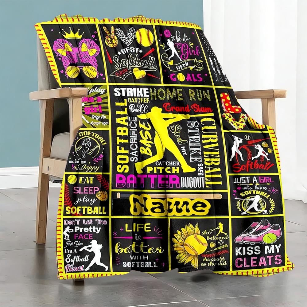 Softball56 Customize Text Blanket Multi-purpose Personalized Blanket Soft Warm Cozy Versatile for Bedding Sofa Nap Seaside All-Season Use
