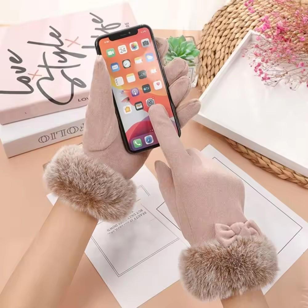 Winter Warm Thick Bow Plush Gloves for Women Non Slip Touch Screen Fashionable Finger Gloves Elegant Simple Cashmere Hairy Glove