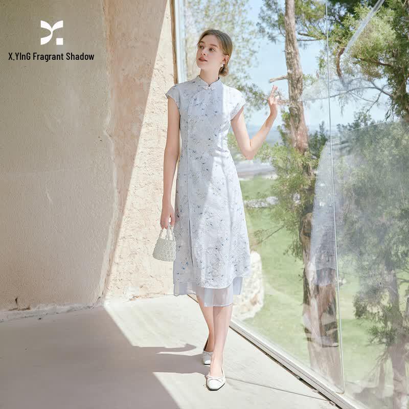 Xiangying Embroidered Stand-up Collar Dress S синий