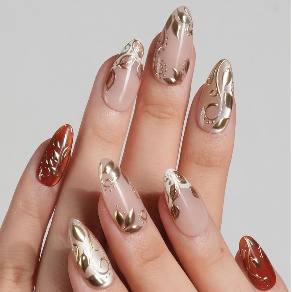 24PCS Autumn False Nails Golden Maple Leaves Simple French Press On Nails Full Cover Wearable Almond Fake Nails Art with Design