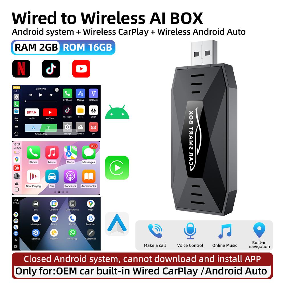 

Mini 3In1 AI Box Wired to Wireless CarPlay Android Auto Support Netflix YouTube Tiktok USB Type-c Dongle Vehicle Adapter 3IN1 AI Box