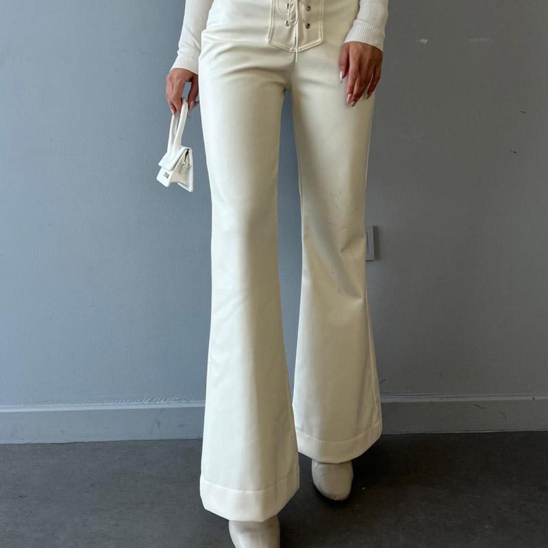 Pantaloni a zampa d'elefante in pelle con fasciatura sexy alla moda da donna, a vita alta, con cerniera, pantaloni autunnali femminili