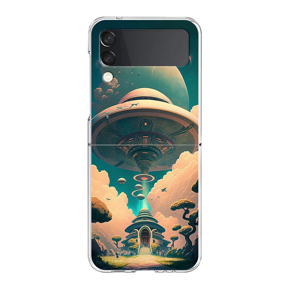 

Phone Cover For Samsung Galaxy Z Flip 6 5 4 Case Transparent For Samsung Z Flip 3 Hard PC Foldable Shell Alien Martian UFO Capas Z Flip 5