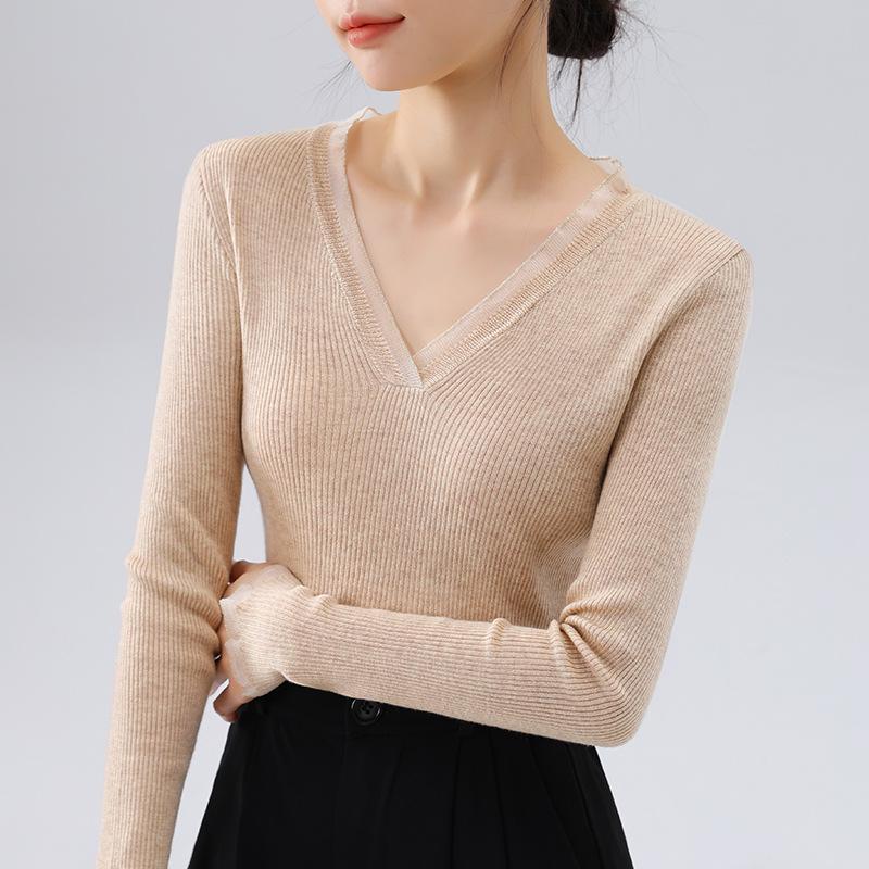New Style of Knitted Base Shirt for Women European Women's Temperament V-neck Pullover Sweater Waist-tightening Inner Wear