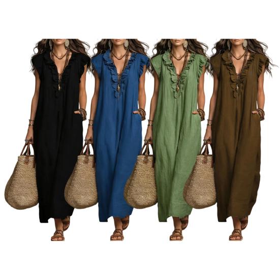Summer Sleeveless Maxi Dress for Women Casual Deep V Neck Ruffle Long Dress Boho Beach Flowy Sundress with