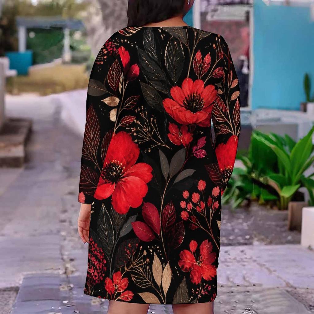 Women Plus Size V Neck Long Sleeve Printed Blue Straight Dress