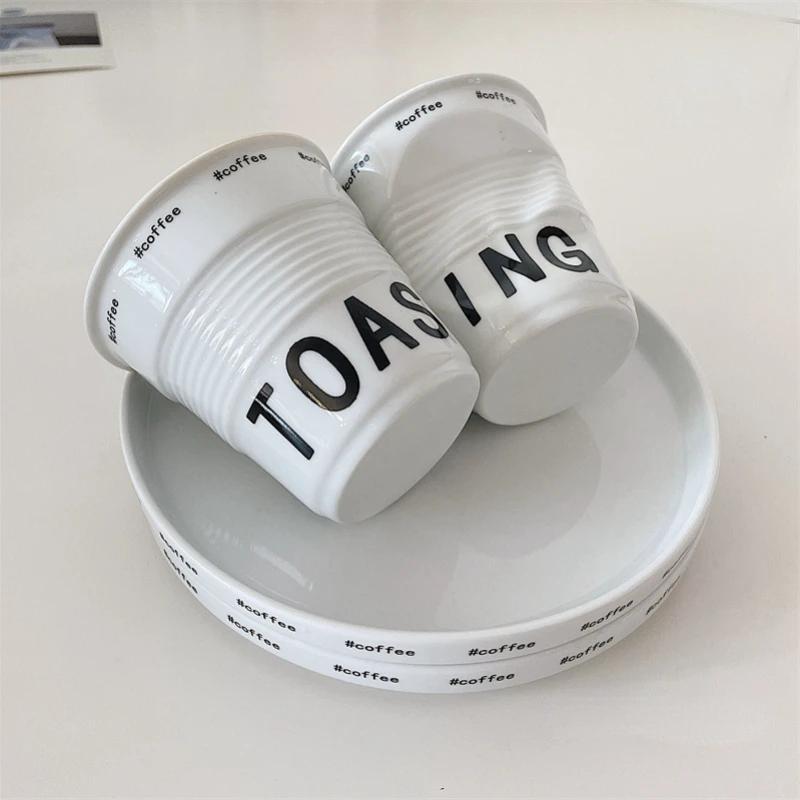 6.7oz Korean Style Cups and Mugs Coffee Mug White Ceramic Nordic Wrinkle Cup 200ml Drinking Coffe Tumbler English Letter