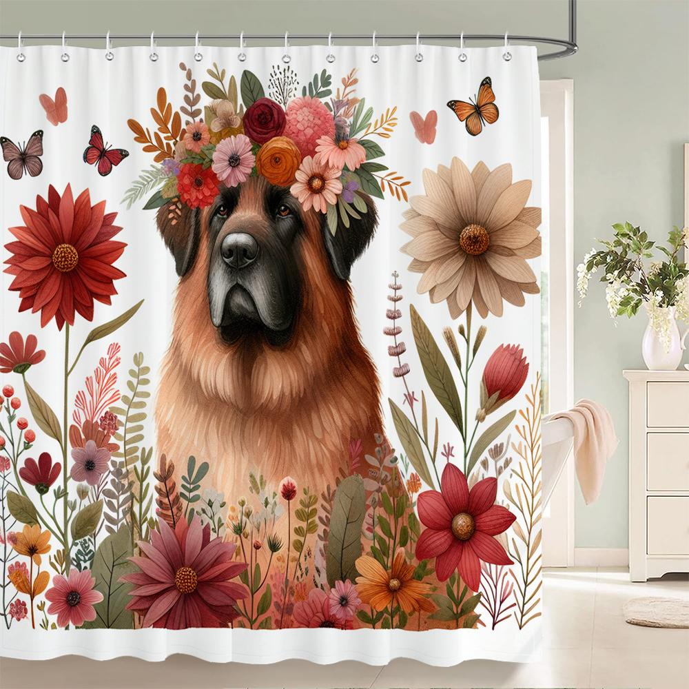 Flowers Dog Shower Curtain with Hooks Home Decor for Watercolor Plants and Floral Bathroom Curtain Polyester Fabric Bath Curtain