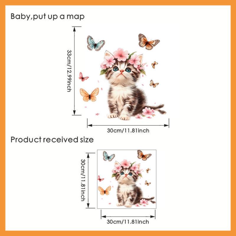 Blue-Eyed Kitten Butterfly Flowers Glass Sticker for Balcony, Bedroom, or Kindergarten No size