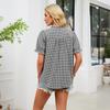 Womens Short Sleeve Shirt Ruffle Collar Button Down Plaid Checkered Blouse Lightweight Casual Top
