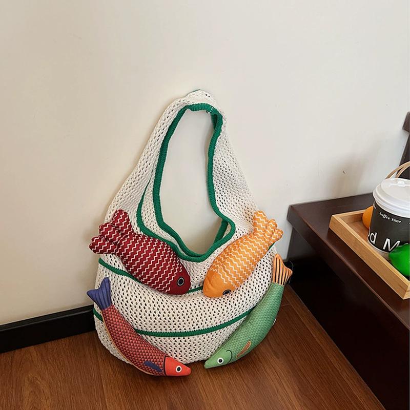 

Yogodlns Fish Design Knitting Shoulder Bag Woven Hand Bag Beach Bag Holiday Travel Shopper Shopping Purse for Women 40x30cm зелений