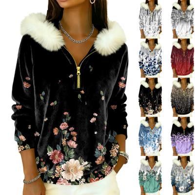 Women's Loose And Comfortable Casual Fashion Half-Zip Hooded Long Sleeve Conventional Printing Top