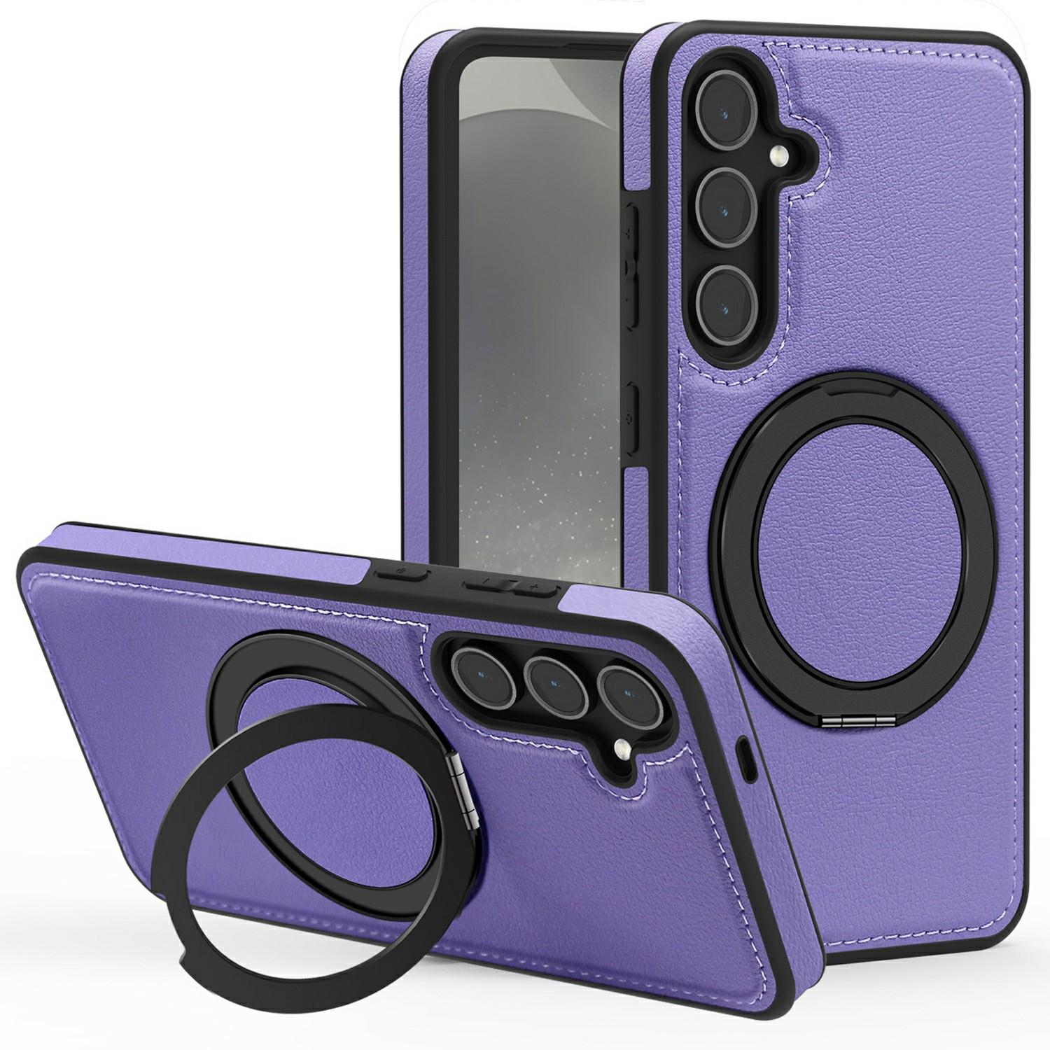 

For Samsung Galaxy S25 Case with Ring Kickstand Compatible with MagSafe PU Leather Back Cover Purple