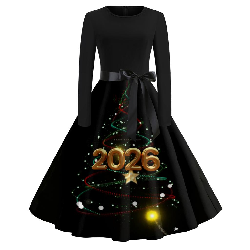 Women's Casual Fashion Round Neck Long Sleeve New Year Printed Retro Dress