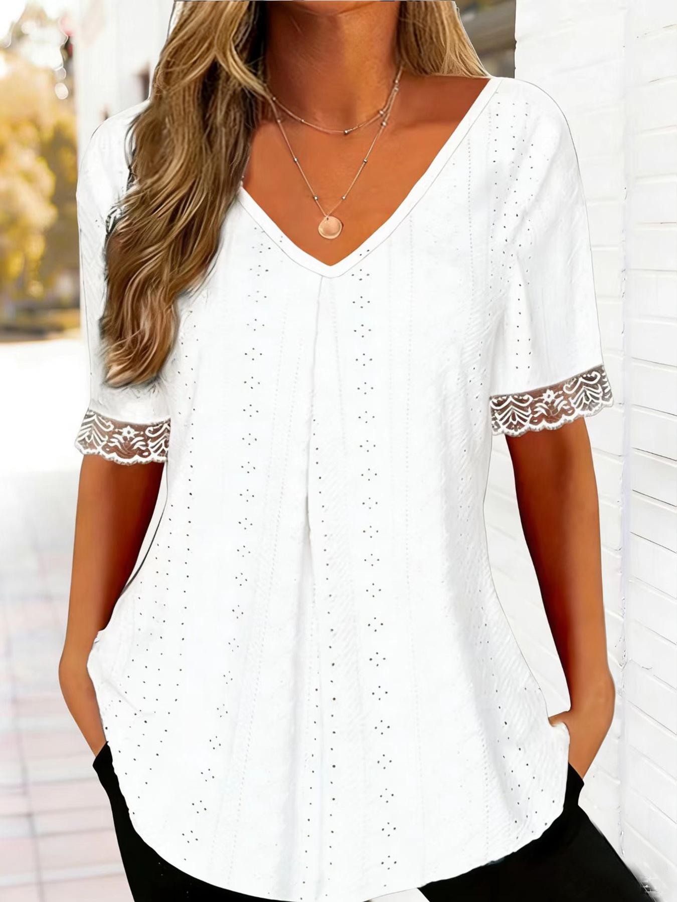 

European and American new spring and summer solid color V-neck loose short-sleeved pleated T-shirt top women S белый